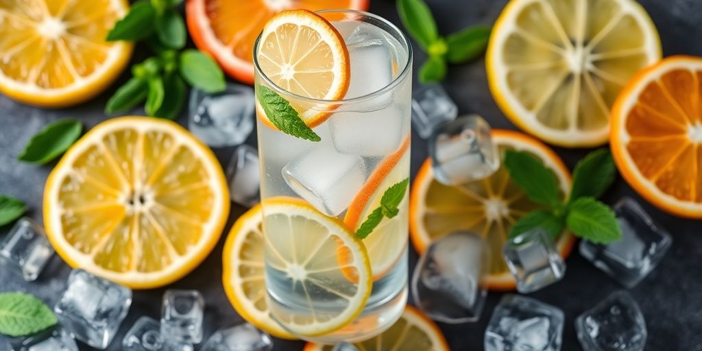 Glass of water with citrus fruits and mint leaves.