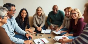 Diverse group of people in a supportive discussion setting.