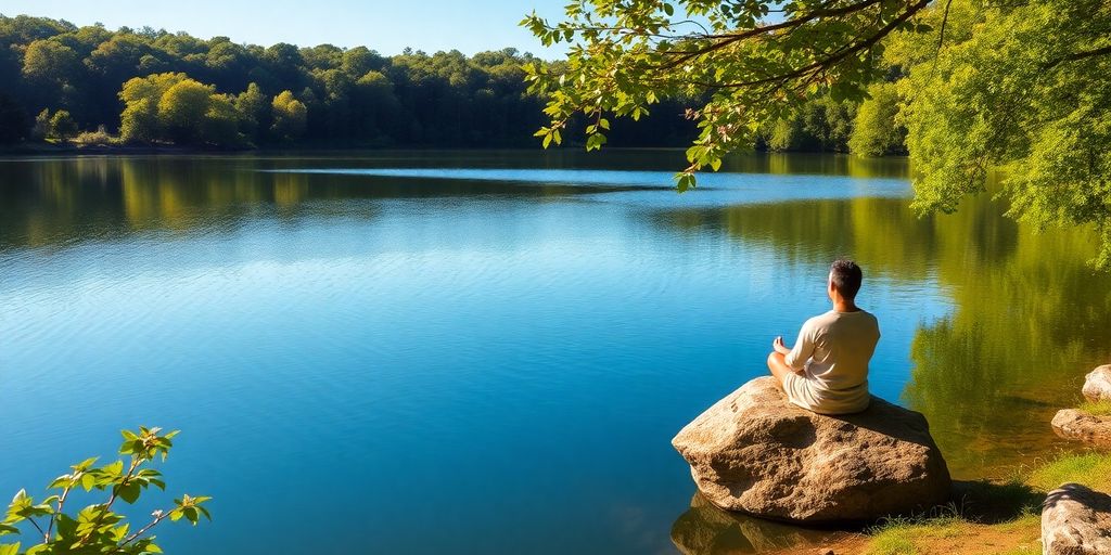Person meditating by a calm lake in nature.